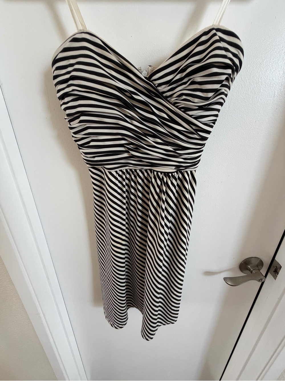 BCBGMAXAZRIA XS Black & Ivory Striped Strapless Ruched Mini Dress